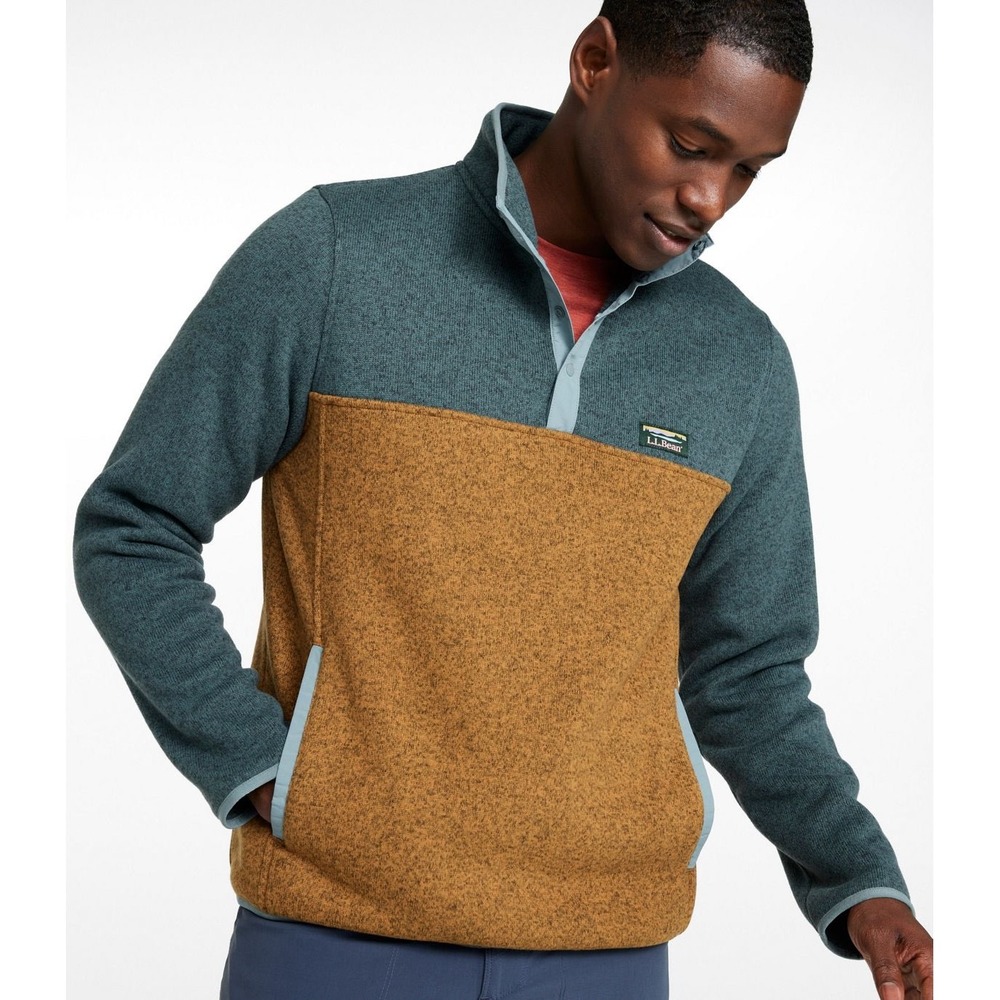 LL Bean Mens Sweater Fleece Pullover Colorblock Green Orange Snap Neck 510044 SM
